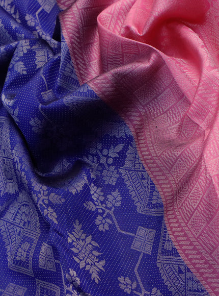 Pure soft silk saree blue and pink with allover silver zari woven brocade weaves and long silver zari woven border