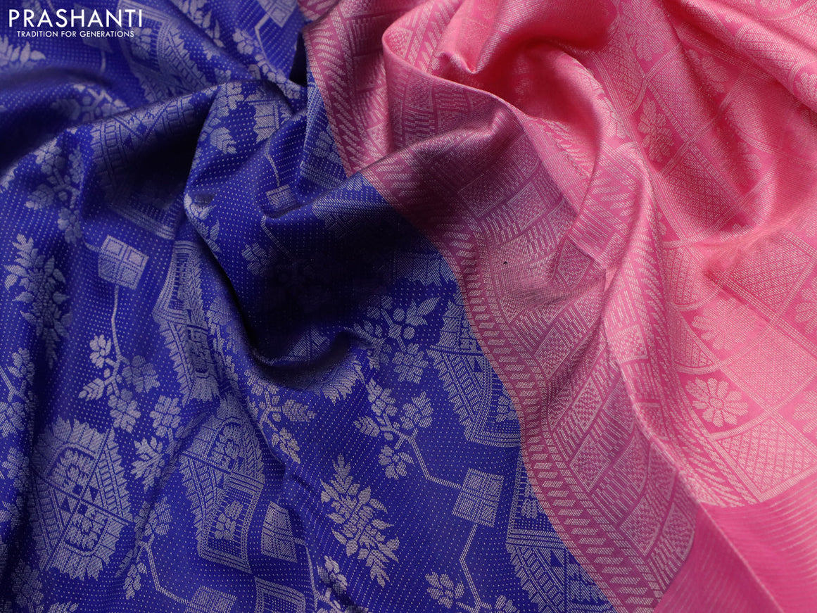 Pure soft silk saree blue and pink with allover silver zari woven brocade weaves and long silver zari woven border