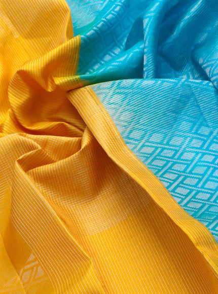 Pure soft silk saree yellow and dual shade of teal blue with allover silver zari woven brocade weaves in borderless style