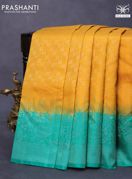 Pure soft silk saree mango yellow and teal green with allover silver zari woven brocade weaves and long silver zari woven border