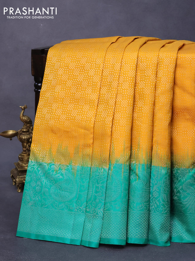 Pure soft silk saree mango yellow and teal green with allover silver zari woven brocade weaves and long silver zari woven border