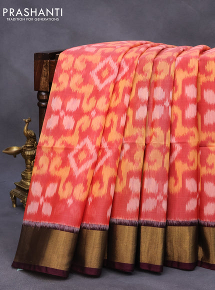 Ikat silk cotton saree orange shade and deep wine shade with allover ikat weaves and zari woven border