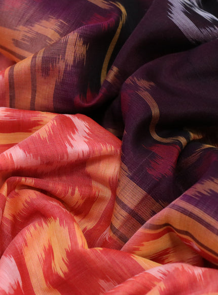 Ikat silk cotton saree orange shade and deep wine shade with allover ikat weaves and zari woven border