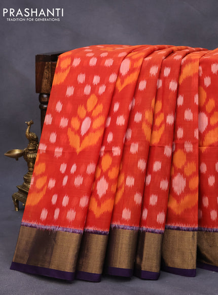 Ikat silk cotton saree orange and deep violet with allover ikat weaves and zari woven border