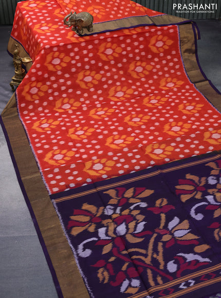 Ikat silk cotton saree orange and deep violet with allover ikat weaves and zari woven border