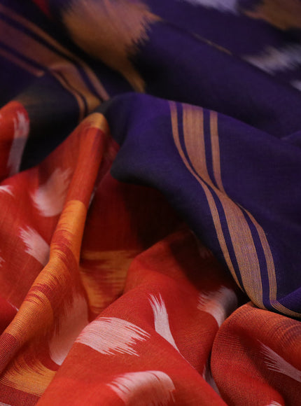 Ikat silk cotton saree orange and deep violet with allover ikat weaves and zari woven border