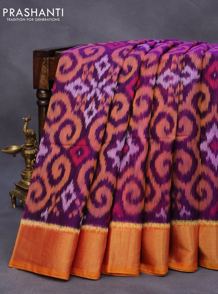 Ikat silk cotton saree purple and dual shade of mustard yellow with allover ikat weaves and zari woven border