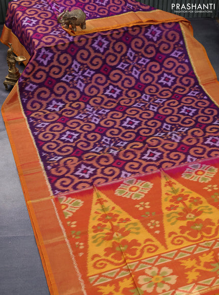 Ikat silk cotton saree purple and dual shade of mustard yellow with allover ikat weaves and zari woven border