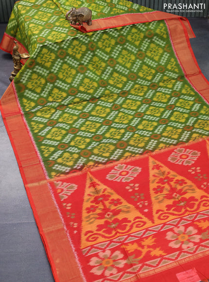 Ikat silk cotton saree mehendi green and orange with allover ikat weaves and zari woven border