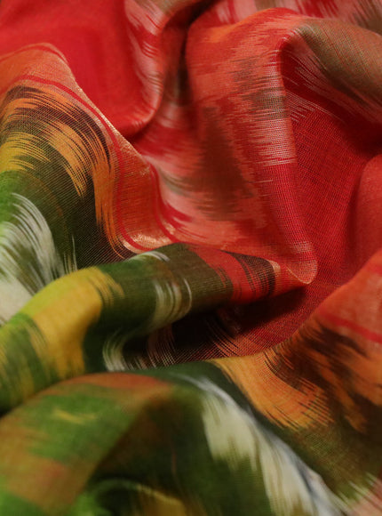 Ikat silk cotton saree mehendi green and orange with allover ikat weaves and zari woven border