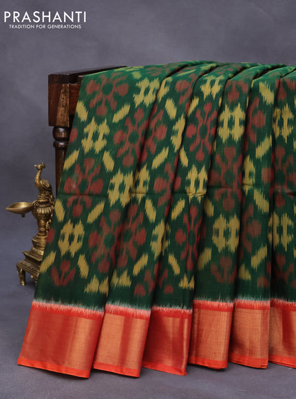 Ikat silk cotton saree green and orange with allover ikat weaves and zari woven border