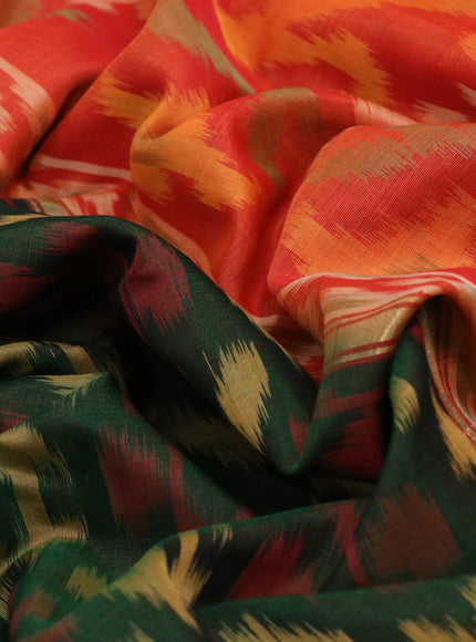 Ikat silk cotton saree green and orange with allover ikat weaves and zari woven border