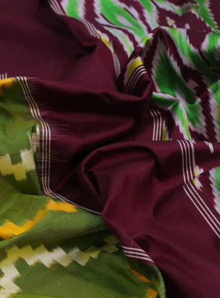 Pochampally silk saree green and dark mustard deep maroon with allover ikat weaves and zari woven simple border