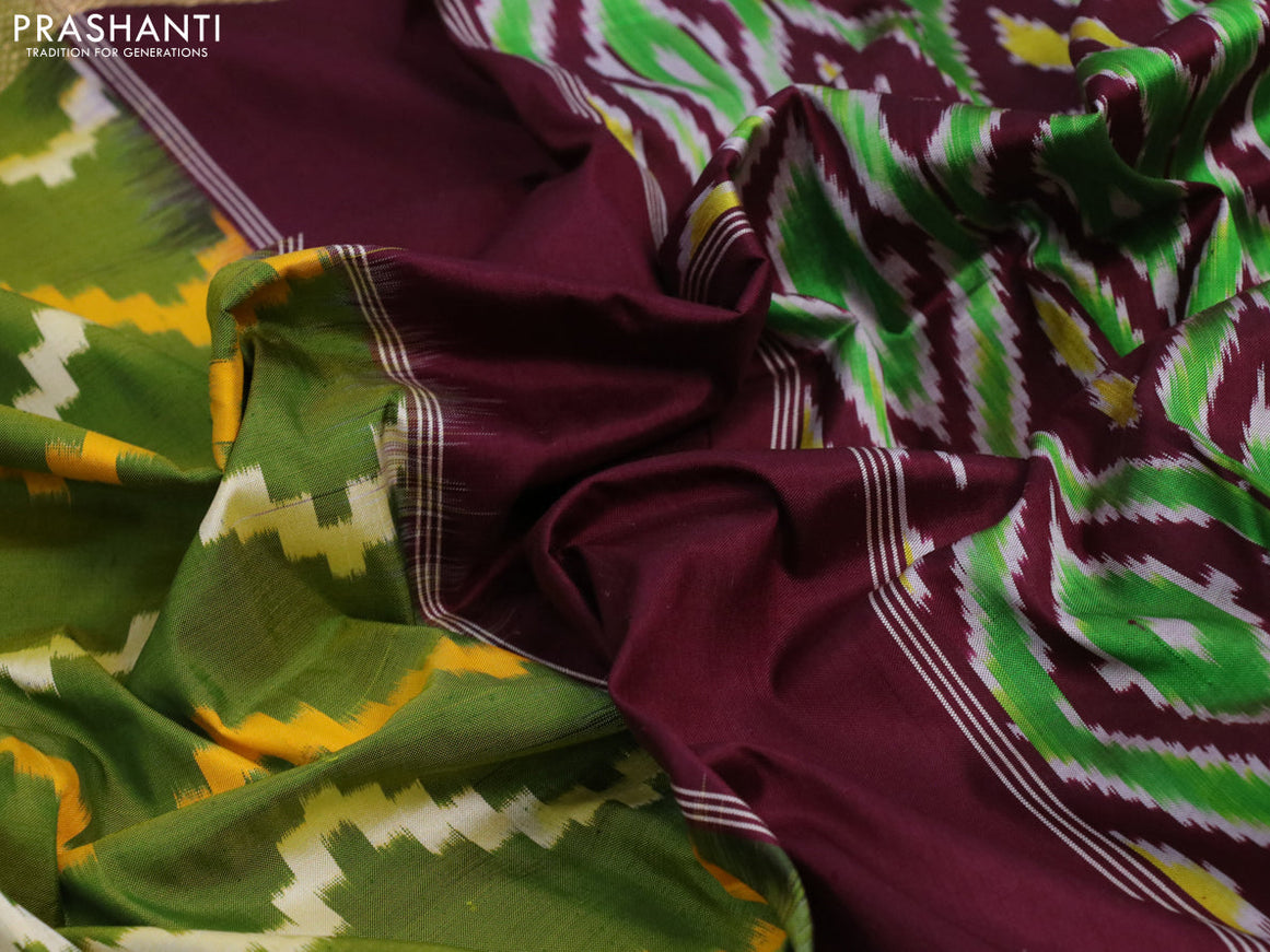 Pochampally silk saree green and dark mustard deep maroon with allover ikat weaves and zari woven simple border