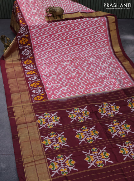 Pochampally silk saree pink shade and deep maroon with allover ikat weaves and long zari woven border