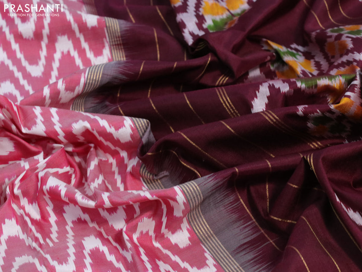 Pochampally silk saree pink shade and deep maroon with allover ikat weaves and long zari woven border