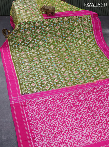 Pochampally silk saree mehendi green and pink with allover ikat weaves and simple border