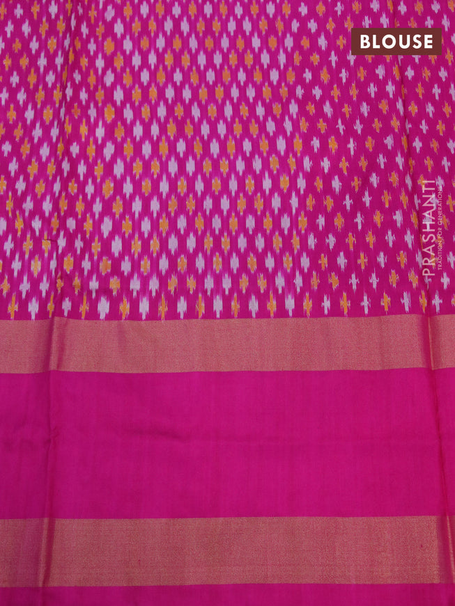 Pochampally silk saree green and pink with allover ikat weaves and long ikat woven zari border