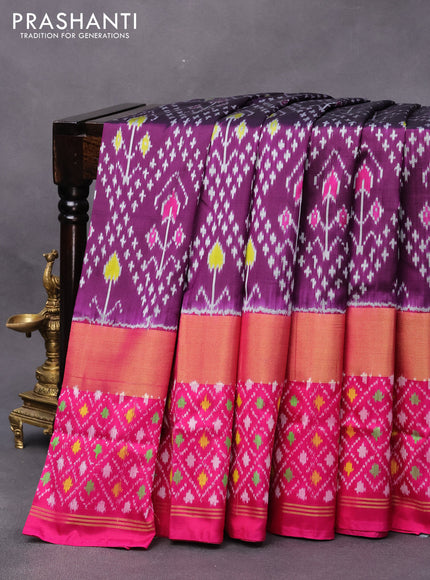 Pochampally silk saree dark purple and pink with allover ikat weaves and long zari woven ikat border