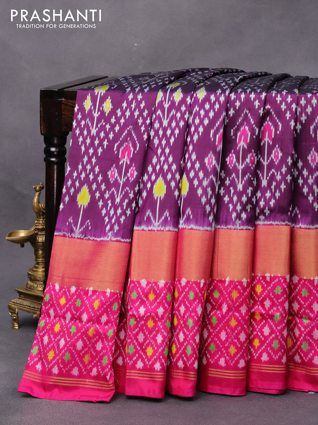 Pochampally silk saree dark purple and pink with allover ikat weaves and long zari woven ikat border