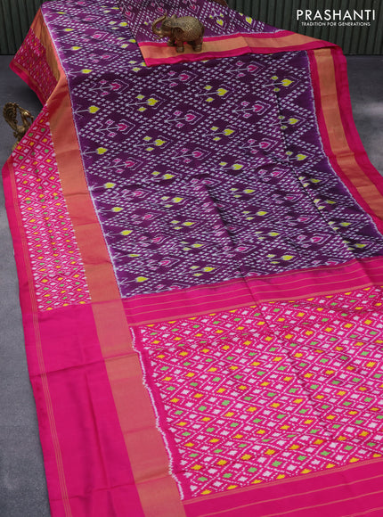 Pochampally silk saree dark purple and pink with allover ikat weaves and long zari woven ikat border