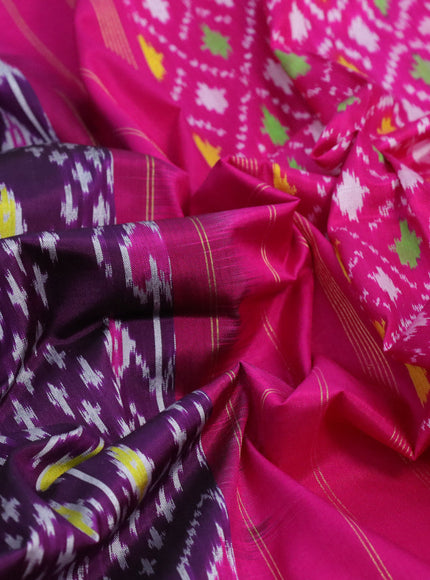 Pochampally silk saree dark purple and pink with allover ikat weaves and long zari woven ikat border