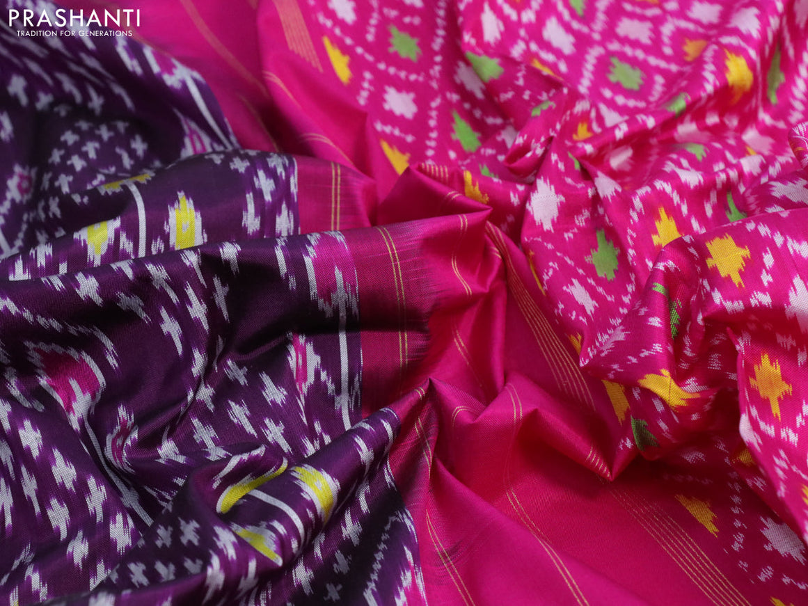 Pochampally silk saree dark purple and pink with allover ikat weaves and long zari woven ikat border