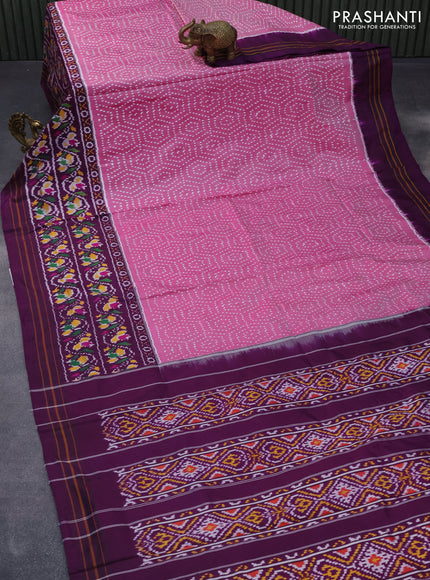 Pochampally silk saree pink and deep purple with allover ikat woven butta weaves and long printed border