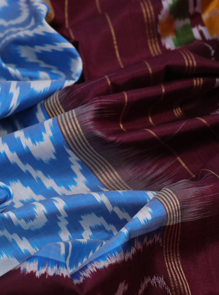 Pochampally silk saree blue and deep maroon with allover ikat weaves and long ikat woven zari border