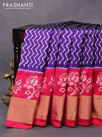 Pochampally silk saree blue and pink with allover ikat weaves and long ikat woven zari border