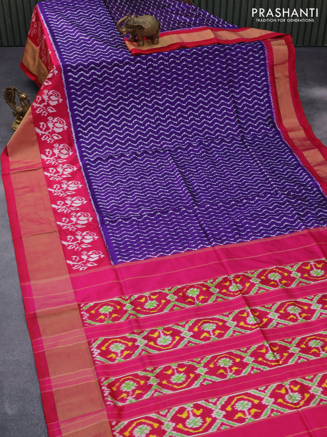 Pochampally silk saree blue and pink with allover ikat weaves and long ikat woven zari border