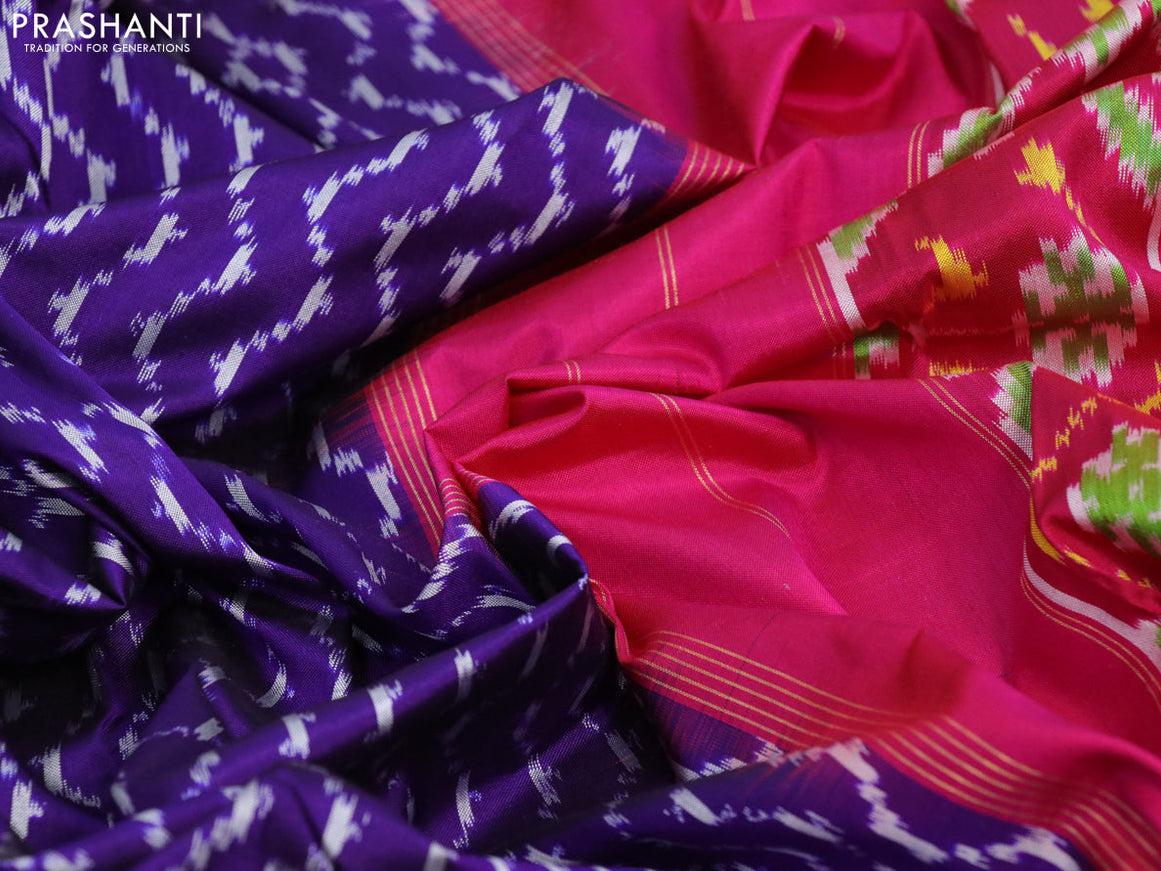 Pochampally silk saree blue and pink with allover ikat weaves and long ikat woven zari border