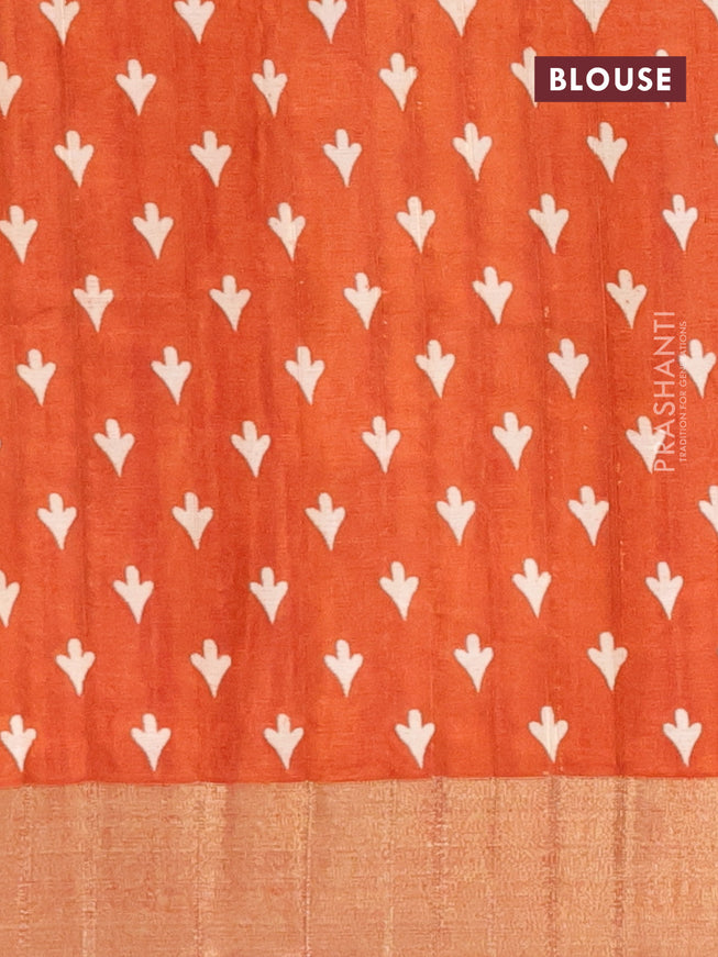 Semi tussar saree rustic orange with allover butta prints and zari woven border