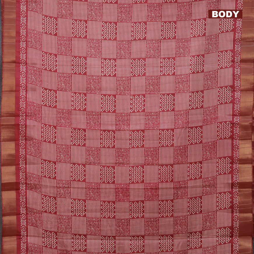 Semi tussar saree maroon with allover prints and zari woven border