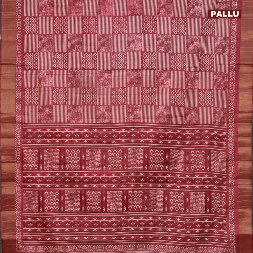 Semi tussar saree maroon with allover prints and zari woven border