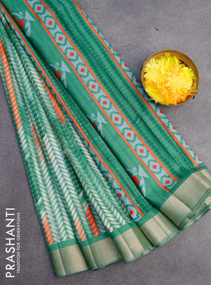 Semi tussar saree green shade with allover prints and zari woven border