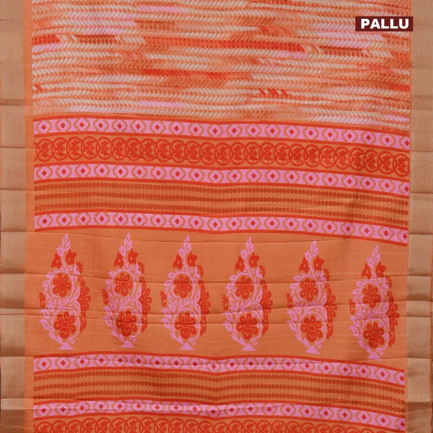 Semi tussar saree pale orange with allover prints and zari woven border