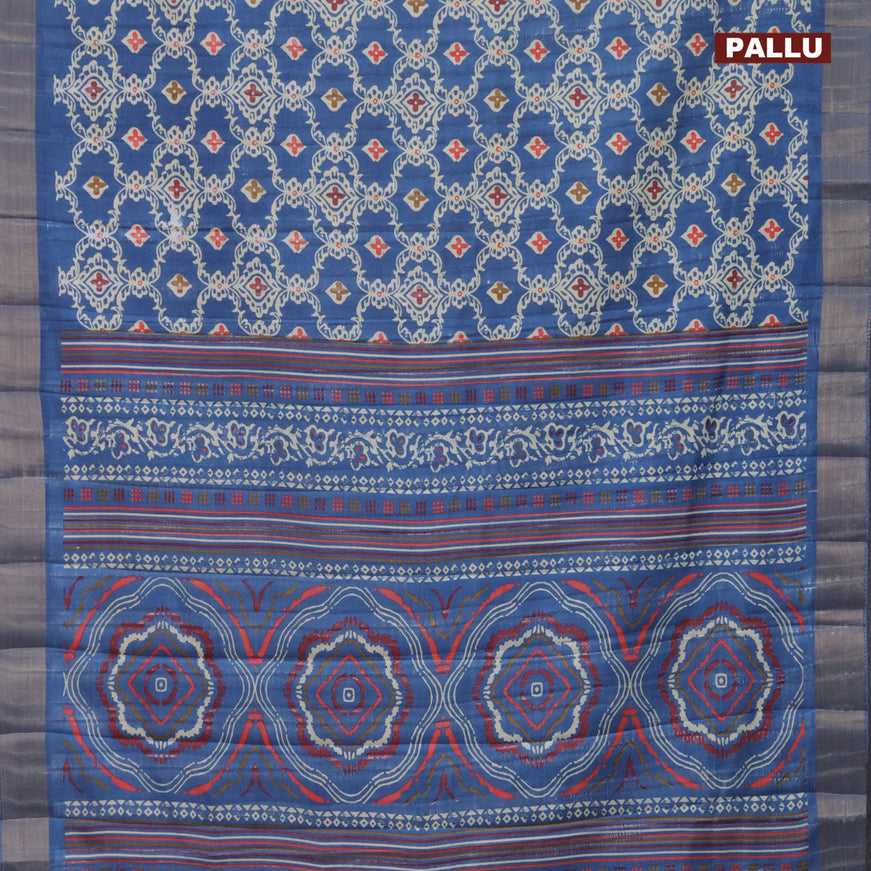 Semi tussar saree blue with allover prints and zari woven border