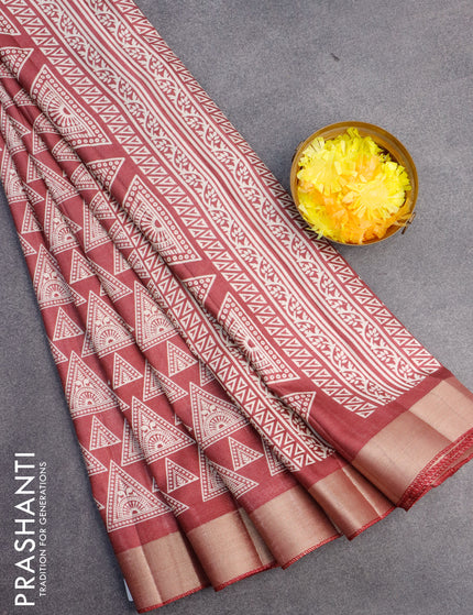 Semi tussar saree maroon with allover geometric prints and zari woven border