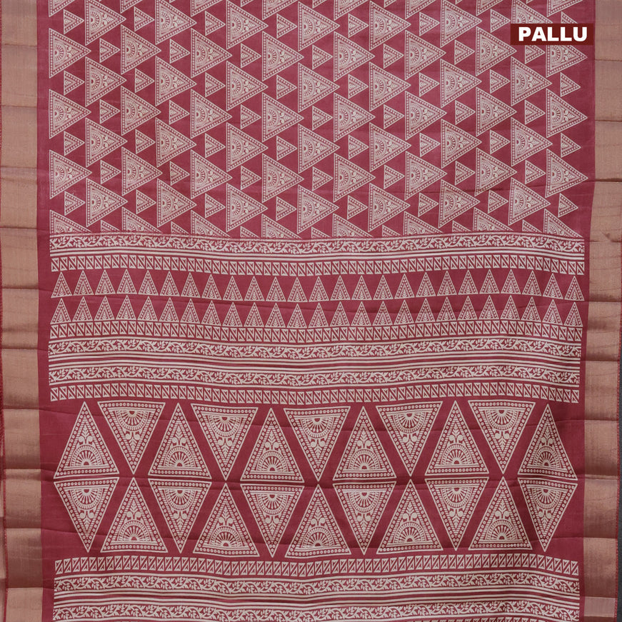 Semi tussar saree maroon with allover geometric prints and zari woven border