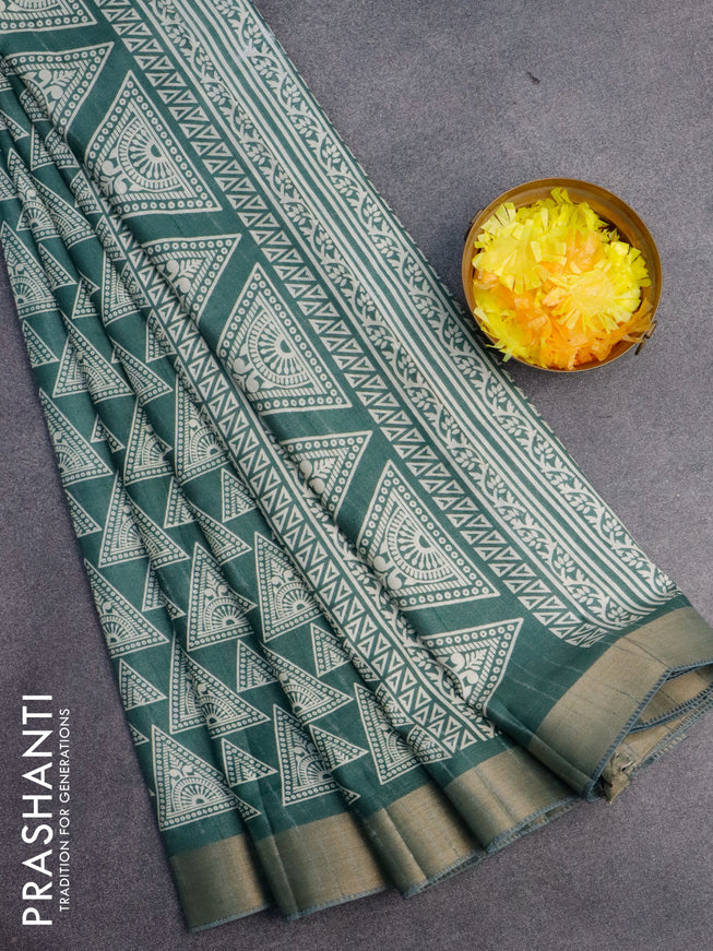 Semi tussar saree green shade with allover geometric prints and zari woven border