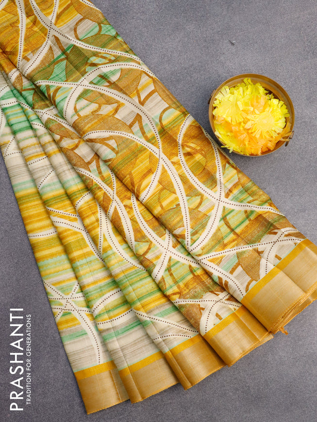 Semi tussar saree mustard yellow and multi colour with allover prints and zari woven border