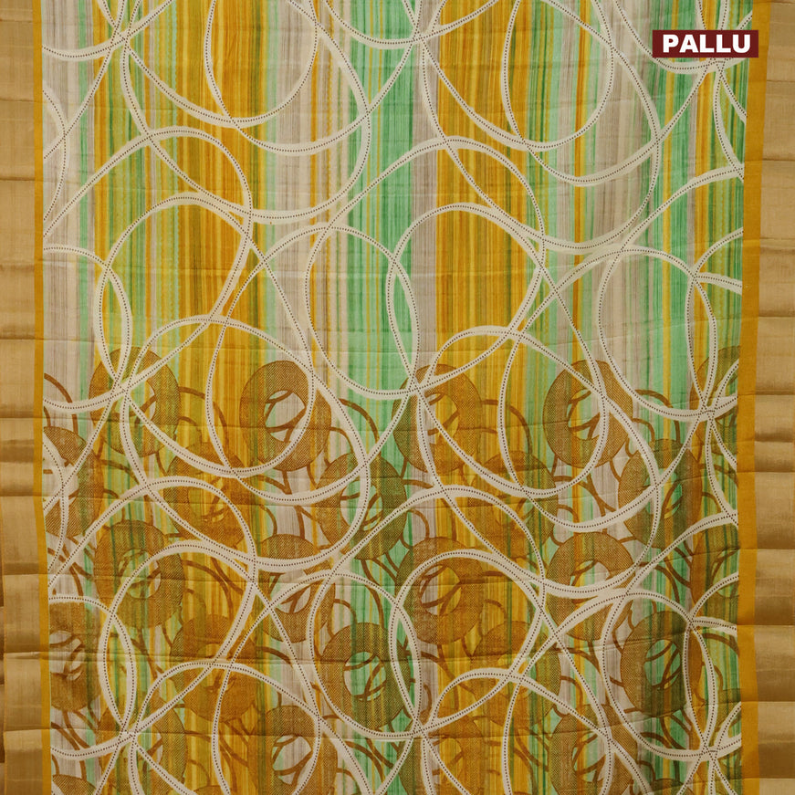 Semi tussar saree mustard yellow and multi colour with allover prints and zari woven border