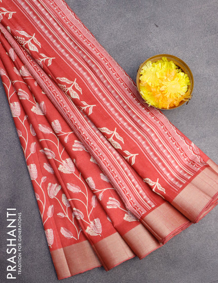 Semi tussar saree red with allover floral prints and zari woven border