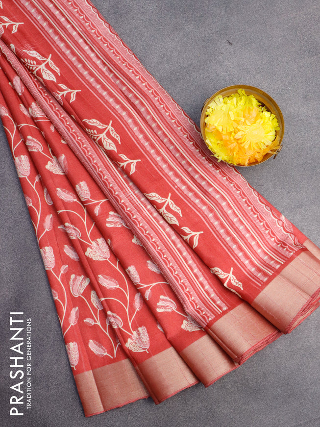 Semi tussar saree red with allover floral prints and zari woven border