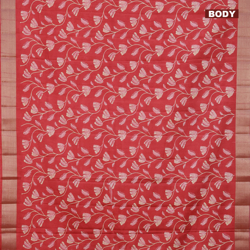 Semi tussar saree red with allover floral prints and zari woven border