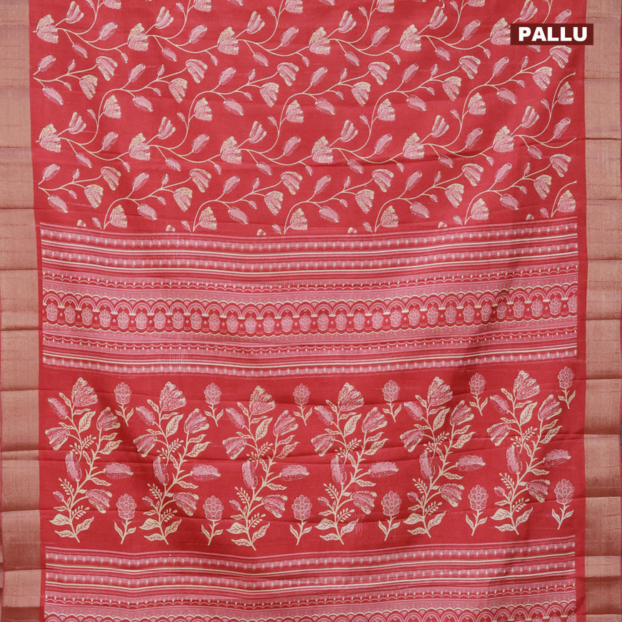 Semi tussar saree red with allover floral prints and zari woven border