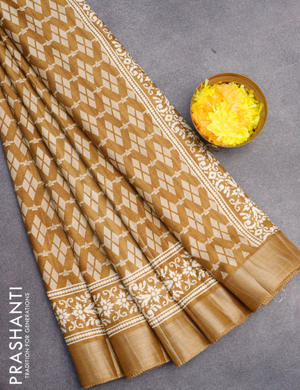 Semi tussar saree dark khaki shade with allover geometric prints and zari woven border