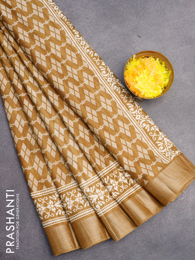 Semi tussar saree dark khaki shade with allover geometric prints and zari woven border