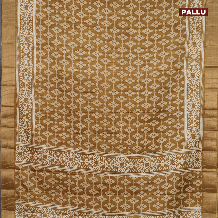 Semi tussar saree dark khaki shade with allover geometric prints and zari woven border